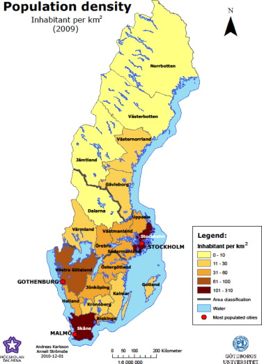 sweden on map populaton dispersio